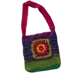 Hippie boho handmade crochet crossbody open bag pink, purple, green and yellow